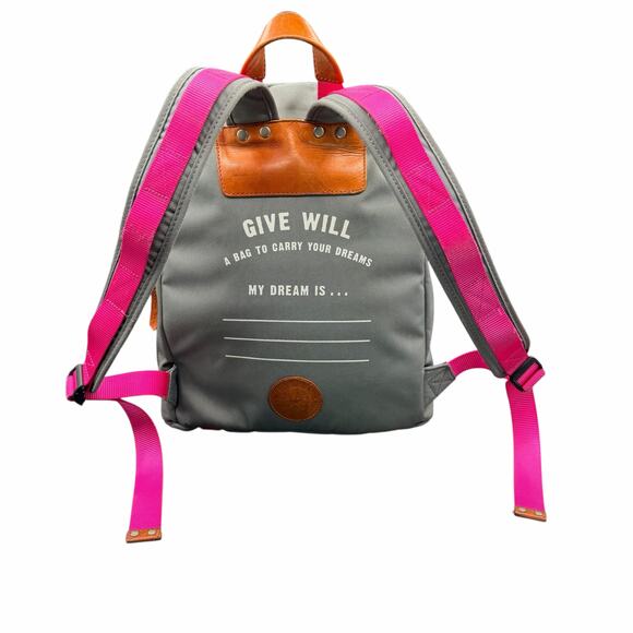 WILL Leather Goods Gray Canvas Backpack Tan Leather Trim Pink Straps - Picture 2 of 12